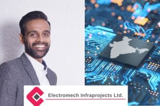 A split-screen editorial collage for a business news story. The left side features a professional headshot of Varun Maniar, Managing Director of Electromech Infraprojects. The right side shows an abstract futuristic visualization of a silicon wafer overlaid with a digital map of India, symbolizing the semiconductor mission.