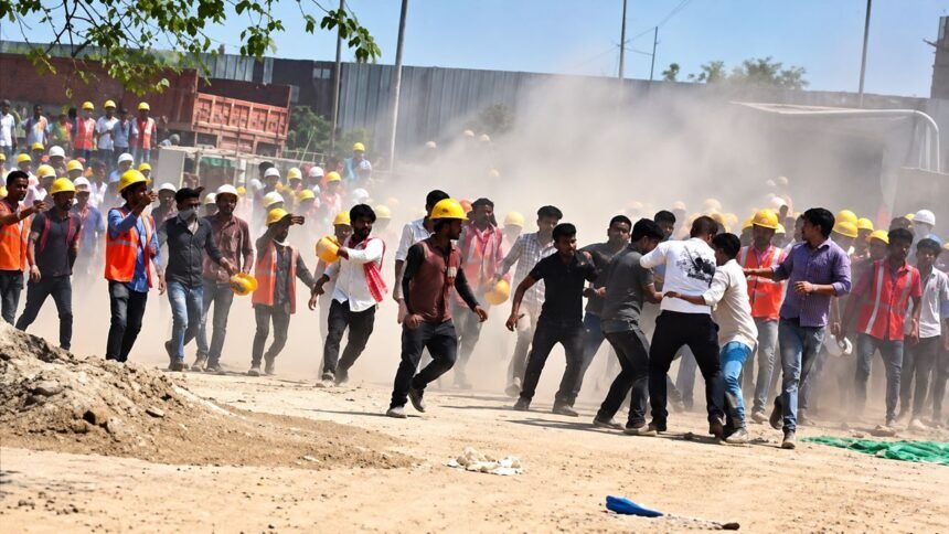 Workers clash with officials at the accident site. Infra Insiders